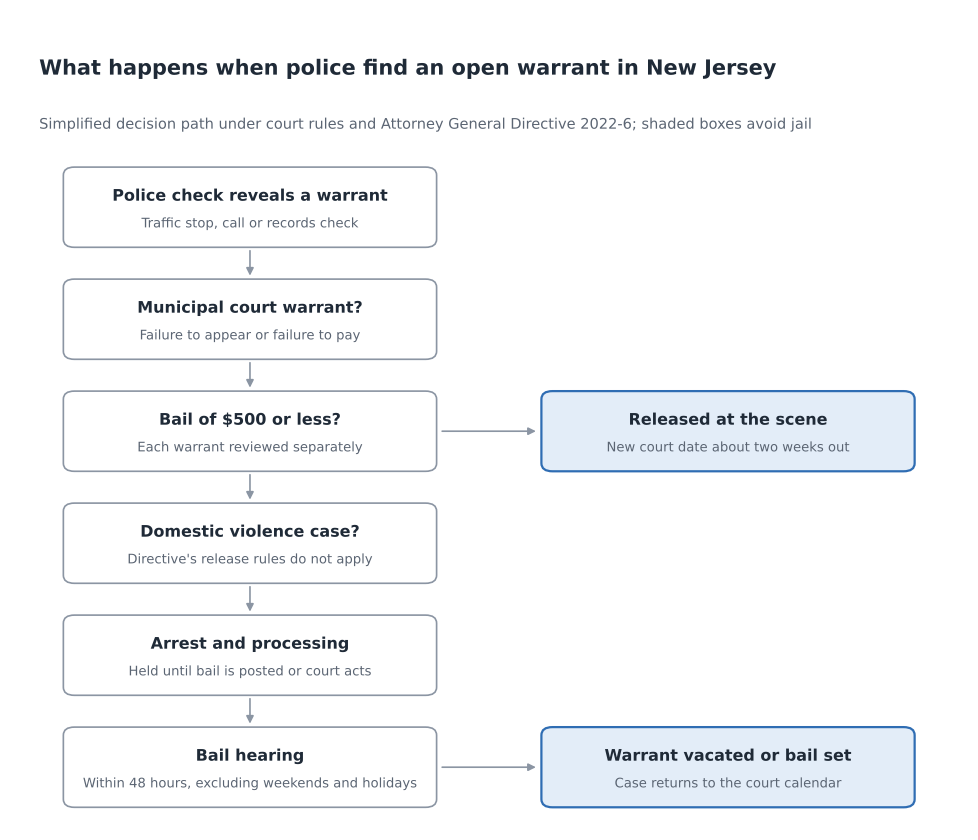 Flow chart of what happens when police find an open warrant in New Jersey under Attorney General Directive 2022-6