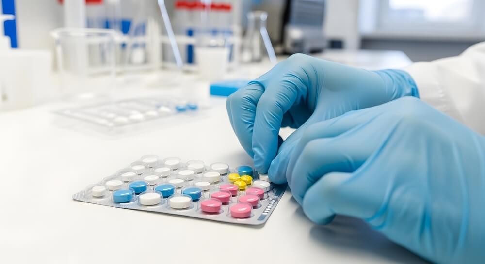 Gloved technician examining pills in a forensic lab for a New Jersey fentanyl distribution case
